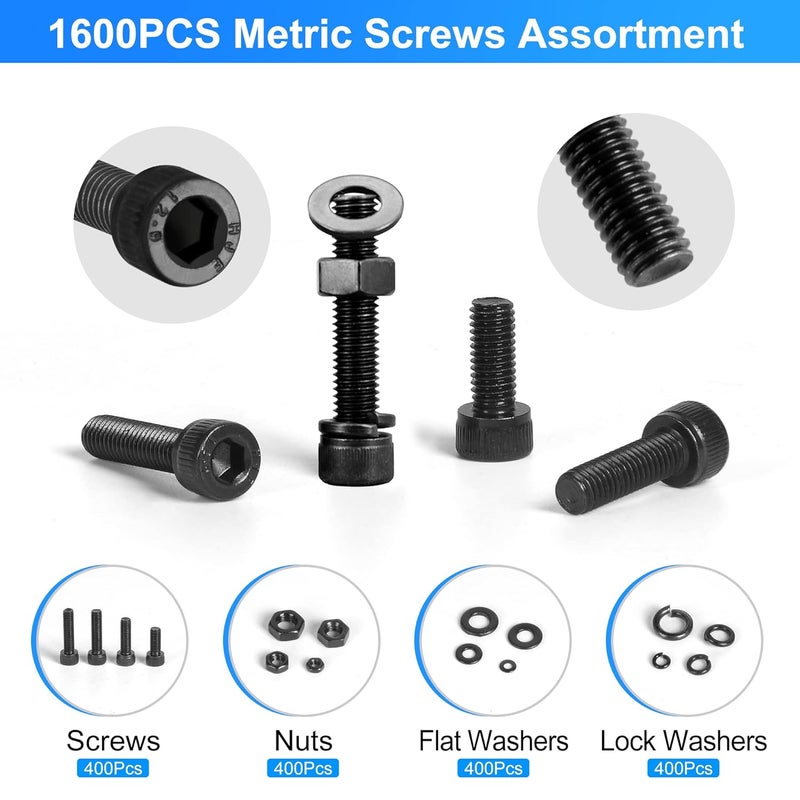 SATANTECH 1600PCS Metric Screw Assortment M2 M3 M4 M5, Grade 12.9 Alloy Steel Metric Bolts and Nuts Assortment Kit, Hex Socket Head Cap Metric Machine Screws Nuts and Bolts and Flat&Lock Washers Set - Image 2